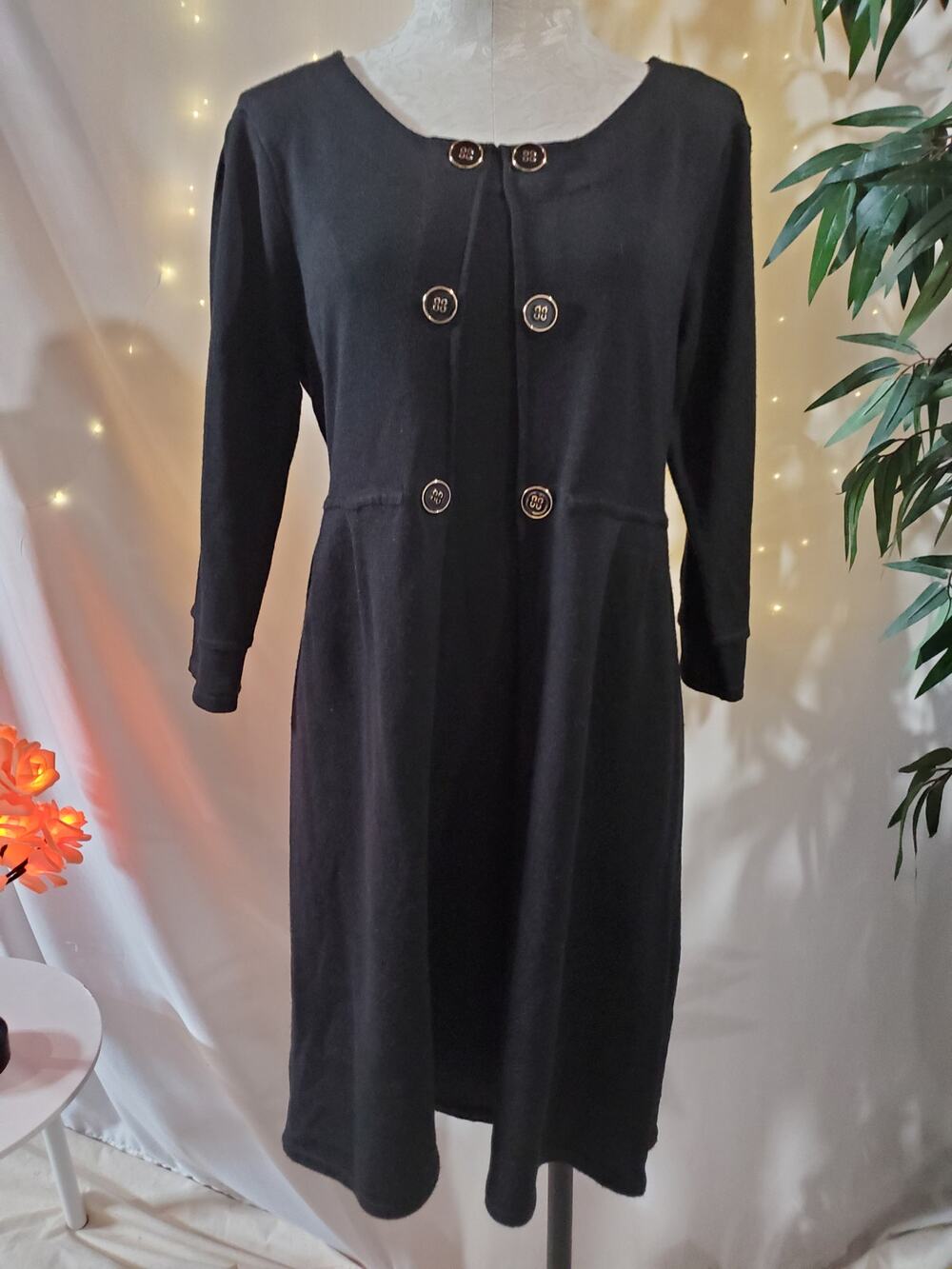 Tahari ASL Wool Blend Black Midi 3/4 Sleeve Sweater Dress Womens Size L Petite